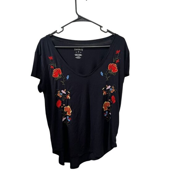 Womens Grey V-Neck Embroidered Floral T-Shirt By Favorite Size T Cotton Large - Picture 1 of 5